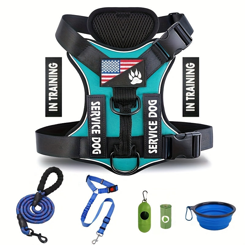 No Pull Dog Harness with 5 PCS Patches, Adjustable Dog Vest Harness and Leash Set with Dog Seat Belt, Collapsible Bowls and Poop Bag Dispenser for Training Walking Hiking