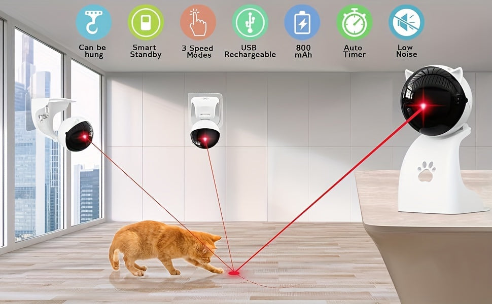 Automatic Laser Cat Toy with Hanging or Tabletop Placement, USB Rechargeable 3-Speed Interactive Pointer with Adjustable Head for Supervised Indoor Play