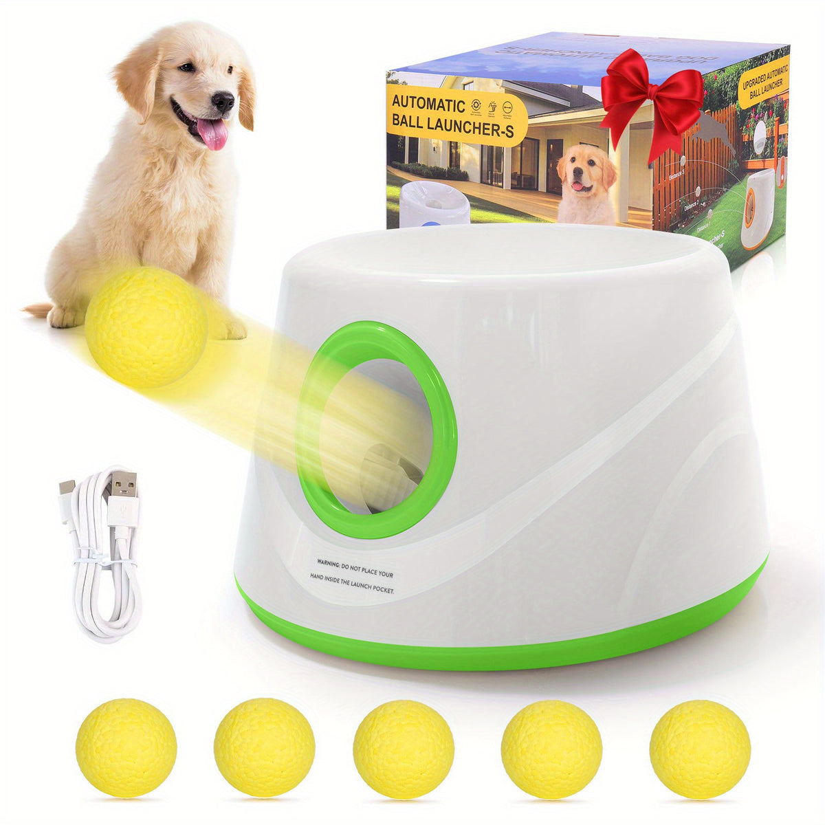 Automatic Dog Ball Launcher with 5 Balls, Adjustable Distance Fetch Machine for Small and Medium Dogs, Supervised Indoor and Outdoor Play