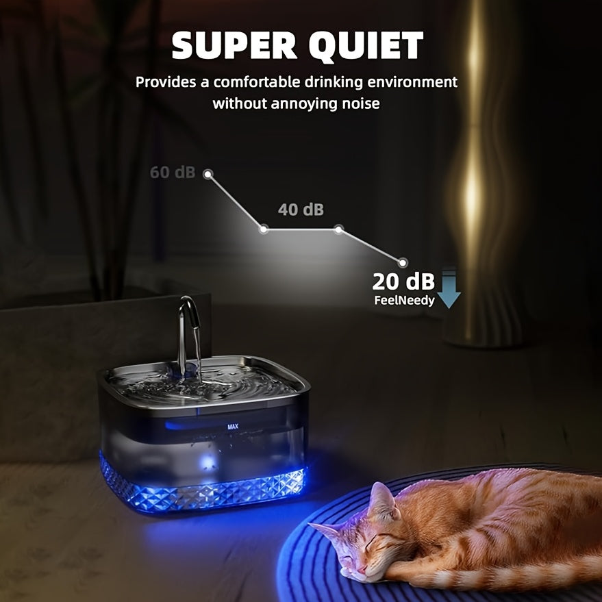 Cat Drinking Fountain 2.2L with Stainless Steel Lid and LED Light, Quiet Automatic Pet Water Dispenser for Indoor Cats and Small Dogs, Filter Bundle Options