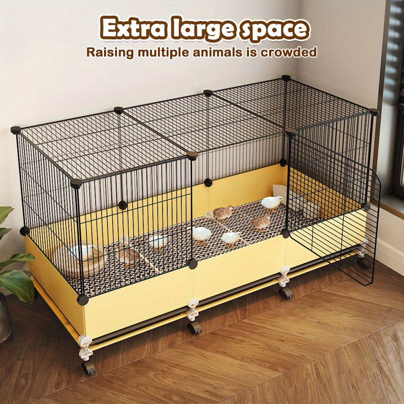 Rolling Poultry Cage 41.3 Inch with Yellow Lower Panels, Black Wire Mesh Enclosure, Front Access Door and Wheeled Base for Managed Bird Care
