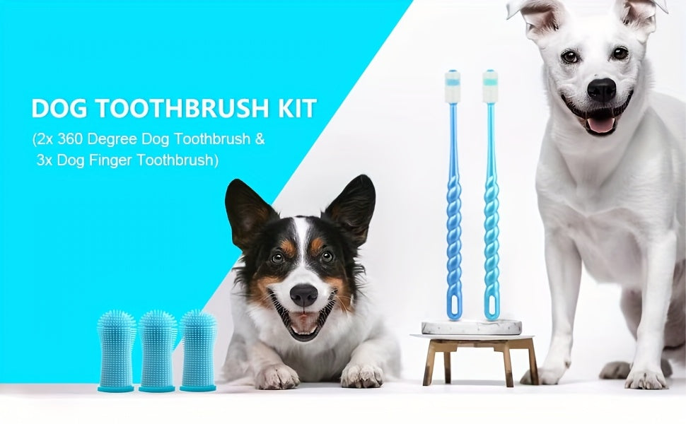 Dog Toothbrush Set, 3-Piece Silicone Pet Dental Care Kit with Finger Brush and Fine Bristle Brush, 360-Degree Design for Dogs and Cats