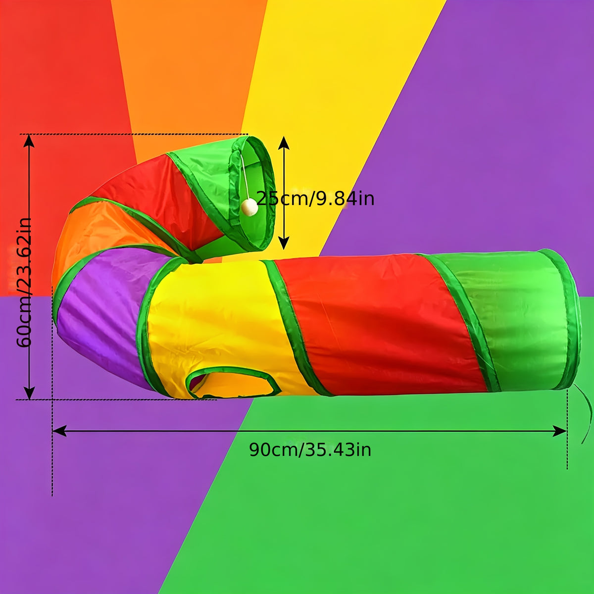 J-Shaped Cat Tunnel in Rainbow Colors, Collapsible Cat Play Tube and Maze Runway Toy for Indoor Exploration, Hide-and-Seek and Everyday Play
