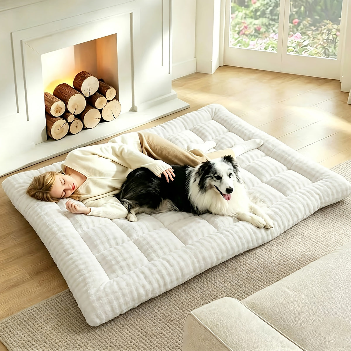 Dog Bed Mat Topper with Four Corner Straps, Rectangular Roll-Up Pet Mattress Pad for Large Dogs and Multi-Pet Homes, L to XXXL with Plush and Faux Fur Options