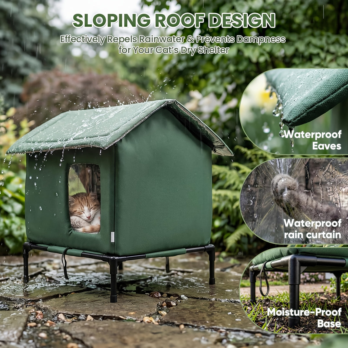 Insulated Outdoor Cat House, Weatherproof Shelter for Stray & Feral Cats, Army Green 17.7 x 15.7 x 21.6 in for Yard, Porch & Garage