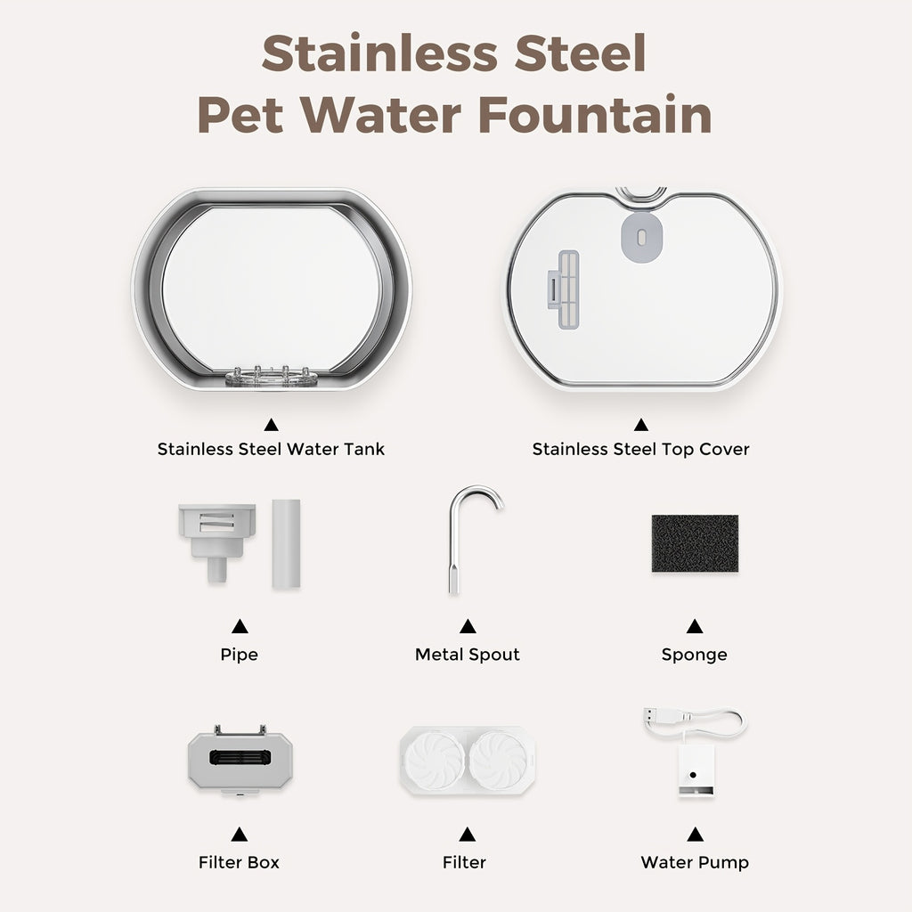 Cat Water Fountain 74oz 2.2L in 304 Stainless Steel, Quiet 5V Pet Drinking Dispenser with Water Level Window and Choice of 1 or 4 Filters