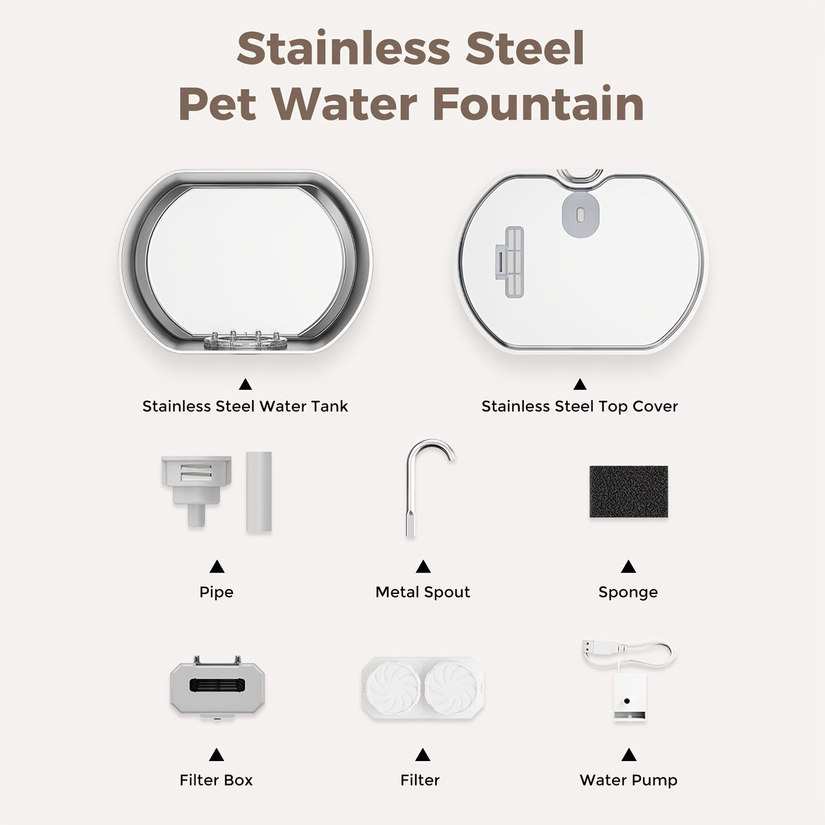 Cat Water Fountain 74oz 2.2L in 304 Stainless Steel, Quiet 5V Pet Drinking Dispenser with Water Level Window and Choice of 1 or 4 Filters