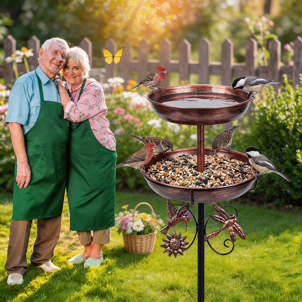 Bird Bath and Feeder 2-in-1, Bronze Double-Tier Iron Birdbath with 5-Prong Ground Stake and Vintage Garden Accents for Outdoor Yards