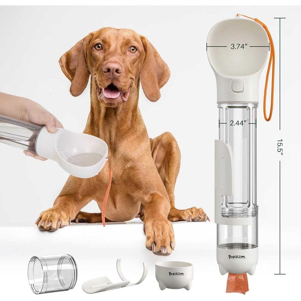 3-in-1 Dog Water Bottle with Food Container and Poop Bag Feature, Portable Pet Drinking Dispenser for Walks and Travel, 300ml or 500ml