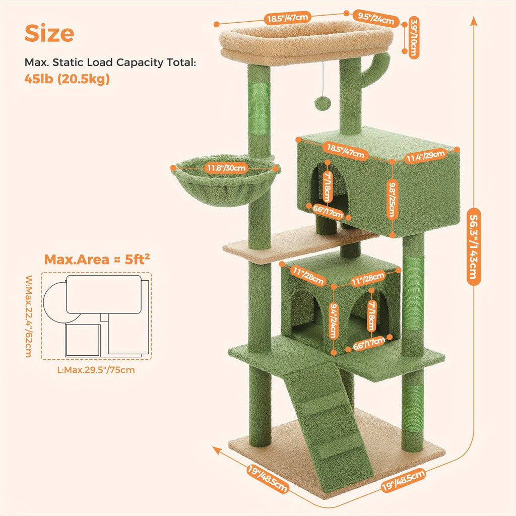 Cat Tree with Oversized Top Perch, 56.3 Inch Multi-Level Indoor Cat Tower with Hammock, Two Condo Hideaways and Scratching Posts, Five Colors