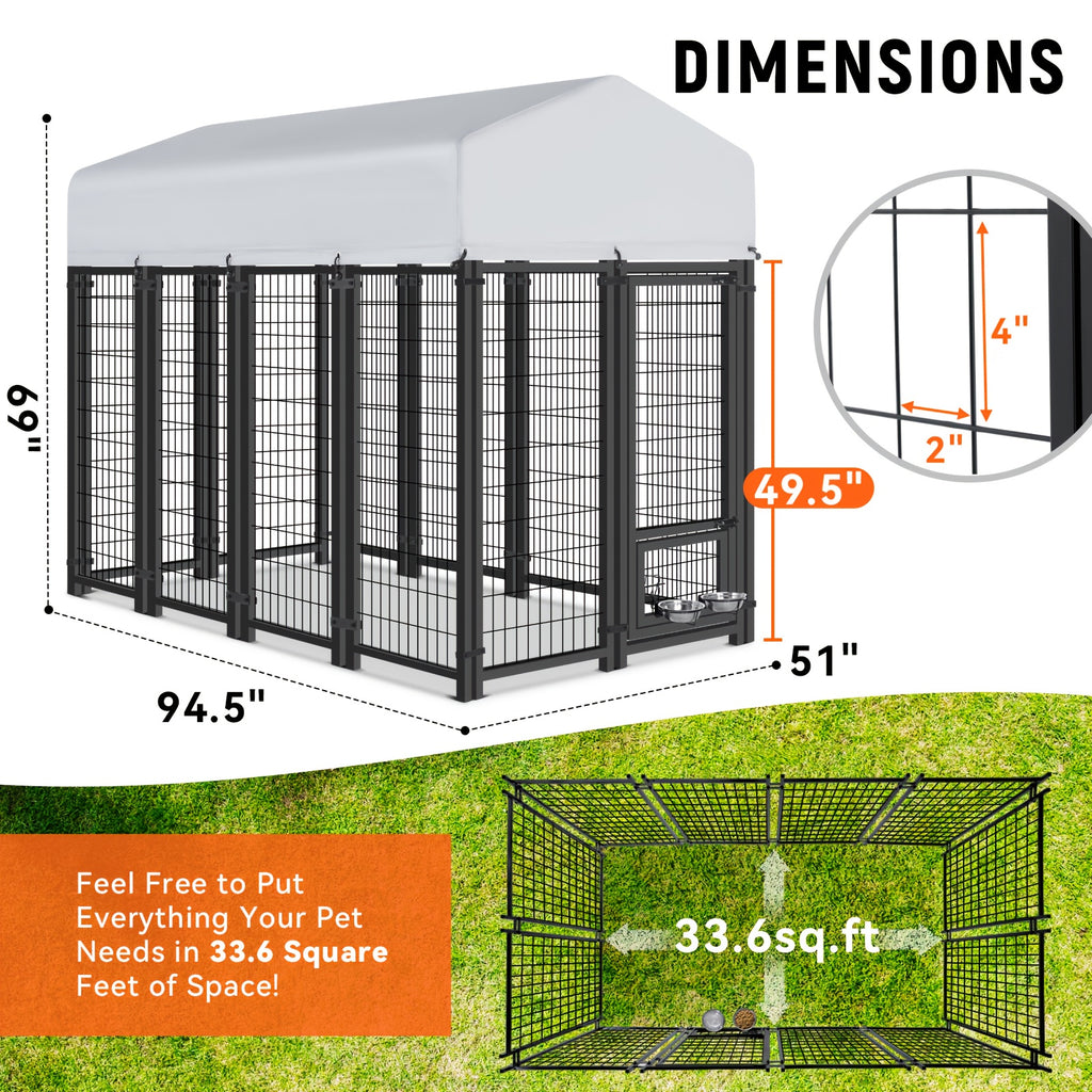 Large Dog Outdoor Kennel with UV-Resistant Roof Cover, Welded Wire Steel Enclosure with Secure Lock in 4, 6 or 8 Foot Lengths