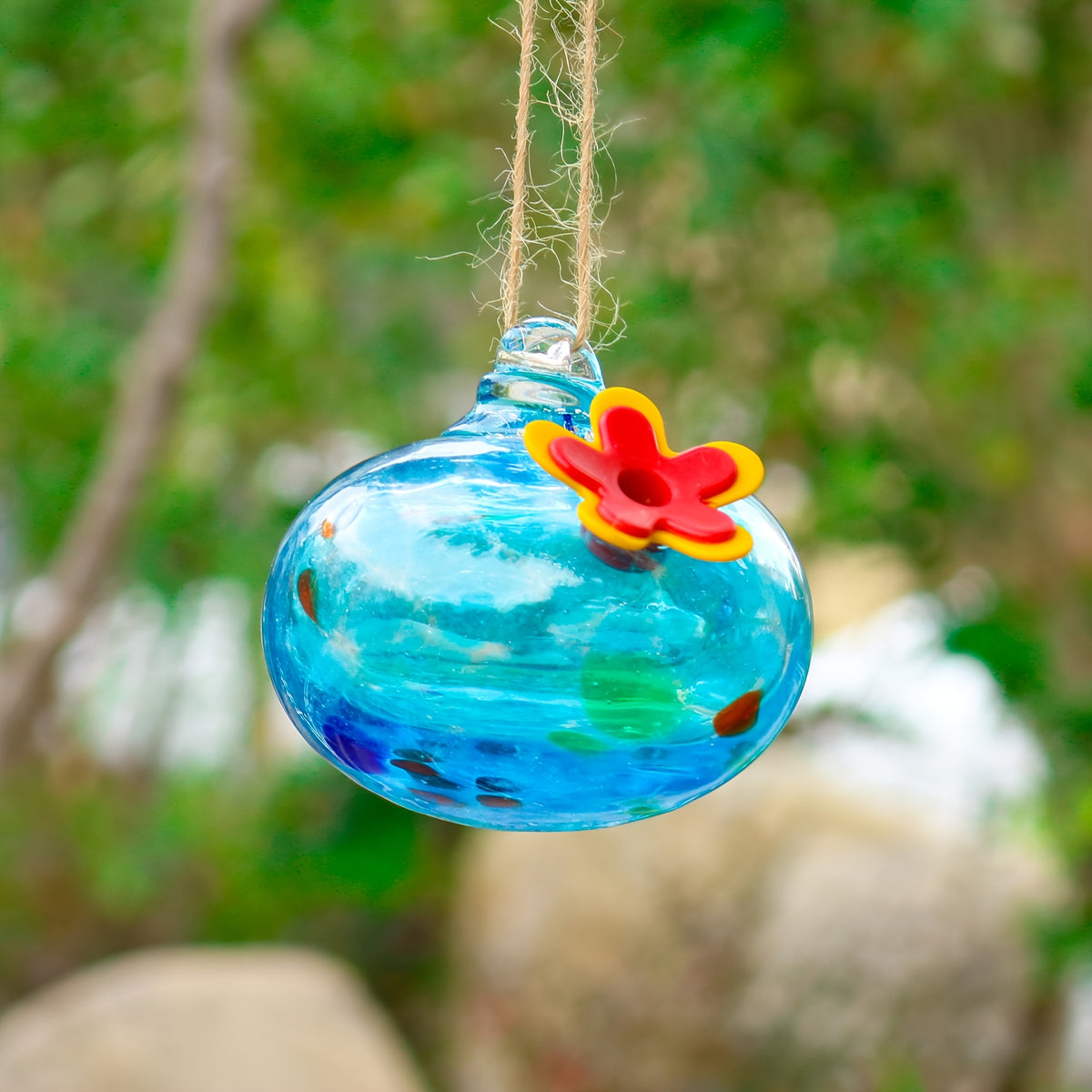 Hanging Glass Hummingbird Feeder with Flower Port, Colorful Round Nectar Ornament for Garden, Patio and Terrace Decor, Bird Lover Gift