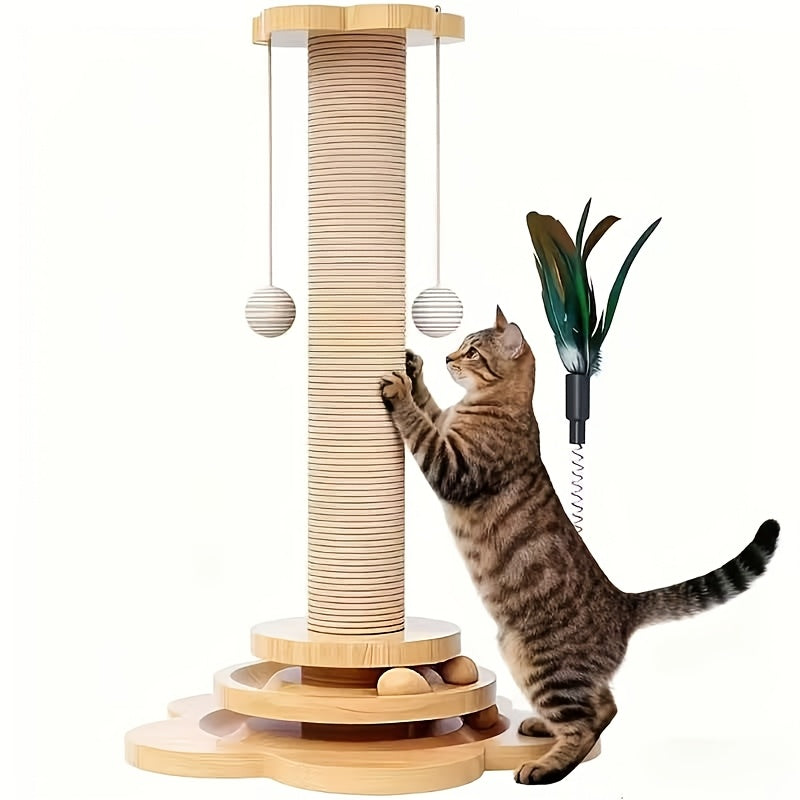 Cat Scratching Post Activity Center with 2-Level Ball Track, Sisal Rope, Pinewood Base, Feather Toy and Hanging Balls for Indoor Cats
