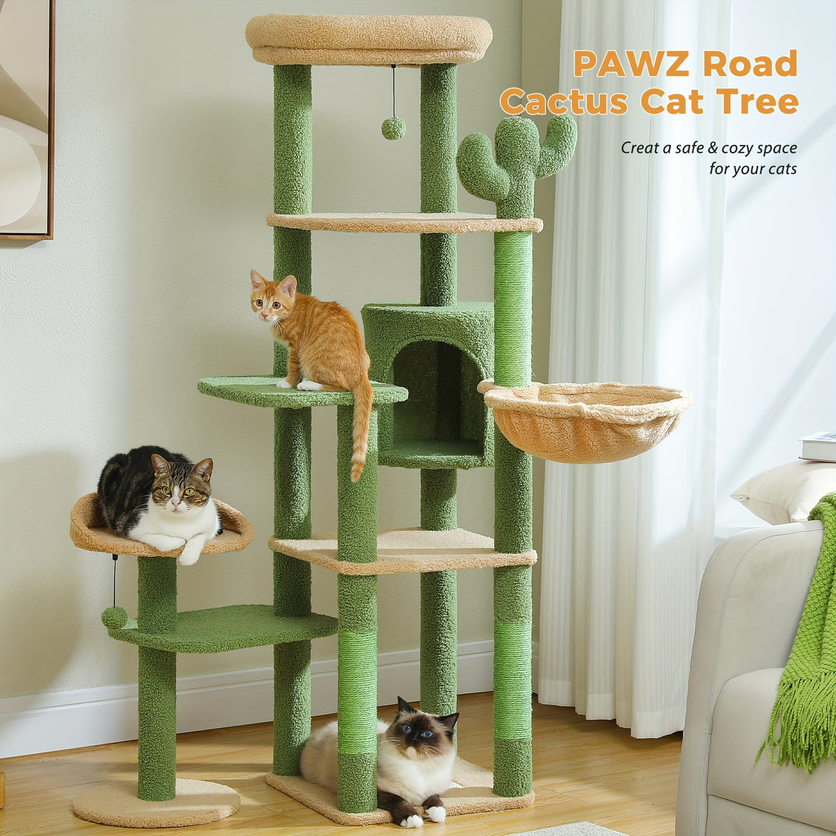 Cat Tree with Twin Perches and Large Hammock, Multi-Level Indoor Cat Tower with Condo Hideaway, Sisal Scratching Posts and Cactus Green Color Option
