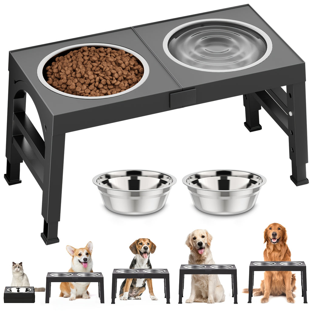 Raised Dog Food and Water Bowls with 4-Height Adjustable Stand, Two Stainless Steel Bowls at 9, 11, 12 or 14 Inches in Four Color Options