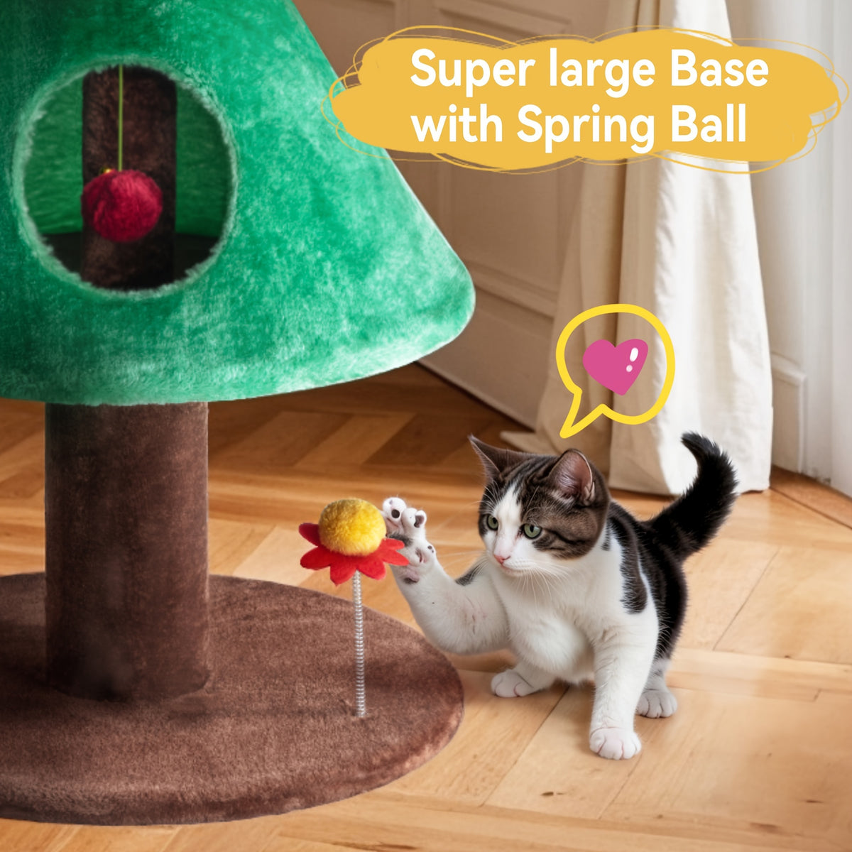 Christmas Cat Tower 63 Inch, Green and Brown Indoor Kitten Condo with Soft Ball Toys and Sturdy Base, Holiday Cat Furniture for Play and Rest