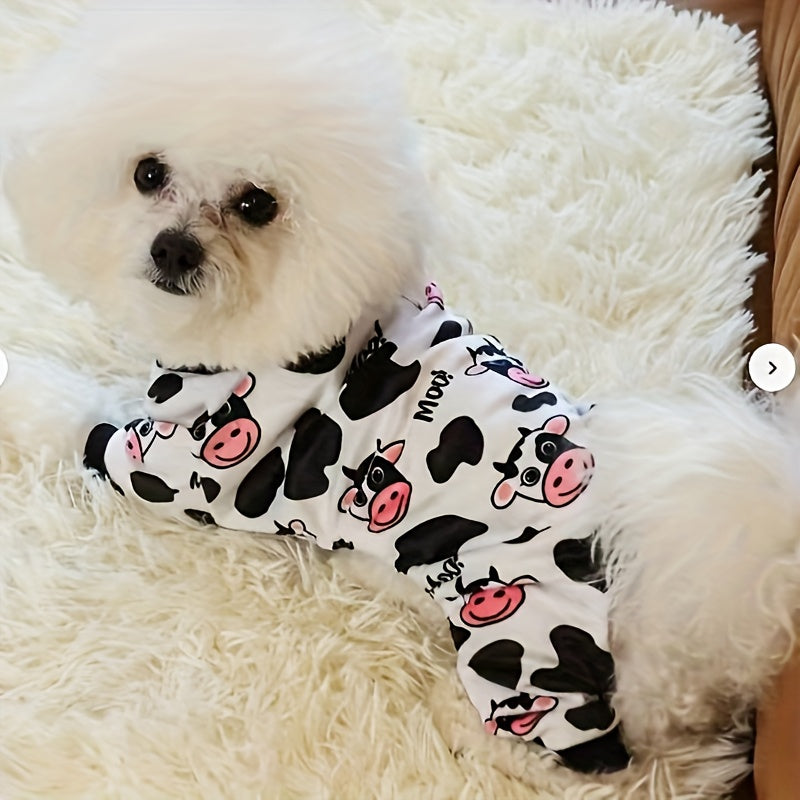 Cow Print Dog Pajamas, Soft Polyester Four-Leg Pet Onesie with Pullover Design for Dogs and Cats, Black and White Cartoon Pattern, XS to XXL