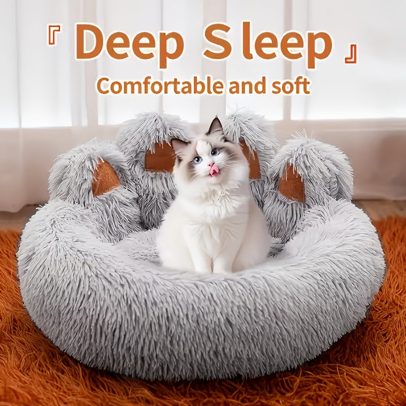Paw Shaped Pet Bed for Dogs and Cats, Fluffy Plush Sleeping Nest with Raised Sides and Non-Slip Base, Brown Grey or Pink Red Size Options