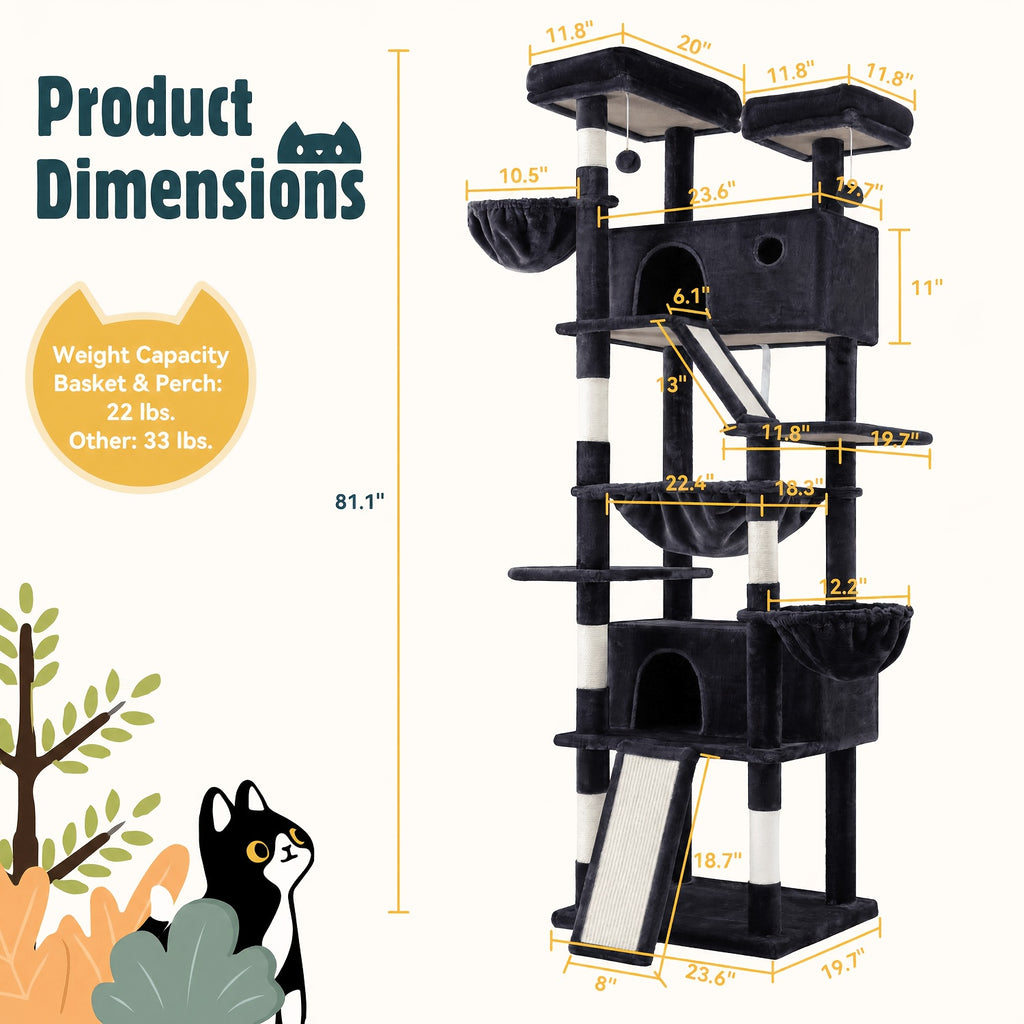Cat Tree 81 Inch with Hanging Hammock and Basket, Multi-Level Indoor Cat Tower with Plush Condo, Elevated Perches and Sisal Scratching Posts