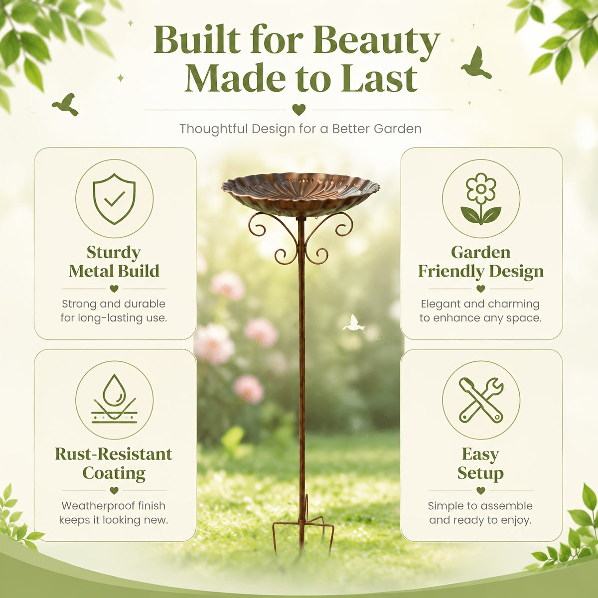 Garden Bird Bath with Ground Stake, 30.31-Inch Retro Metal Birdbath with Scalloped 10-Inch Basin, Copper or Bronze Color for Outdoor Yards