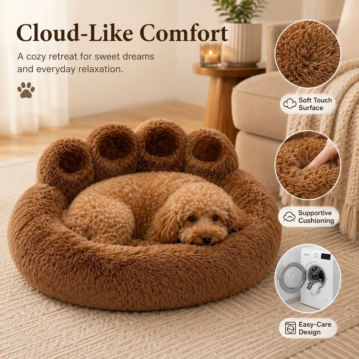 Bear Paw Pet Sofa Bed for Dogs and Cats, Soft Faux Plush Sleeping Nest with Raised Edges in Pink, Grey or Hazelnut, Four Sizes from 55 to 85 cm