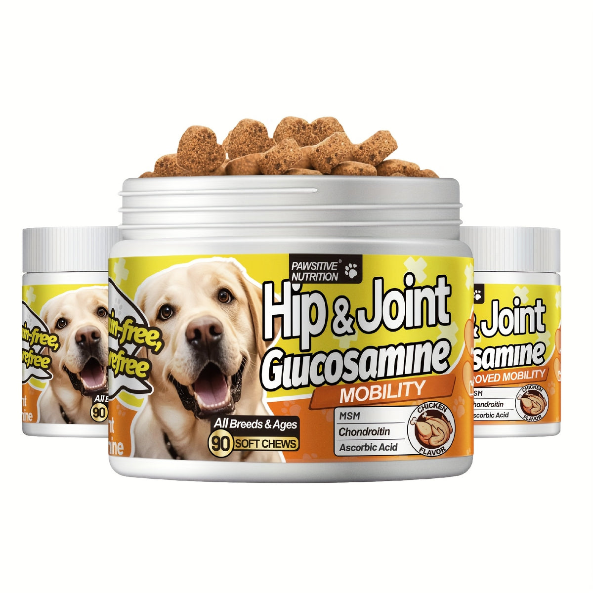 Dog Hip and Joint Supplement Chews, Chicken Flavor with Glucosamine, Chondroitin, Alaskan Salmon Oil and MSM, 90 Count Listing with One or Two Bottle Options