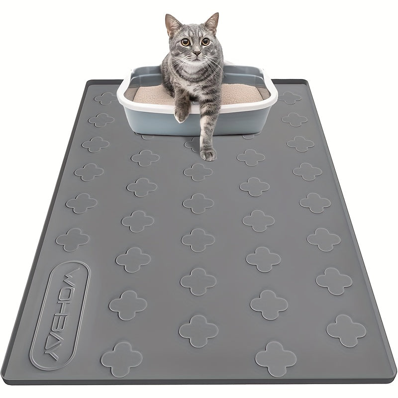 Silicone Cat Litter and Feeding Mat 34 x 22 Inches, 3-in-1 Washable Non-Slip Floor Protector with Raised Edges in Light Grey or Dark Gray