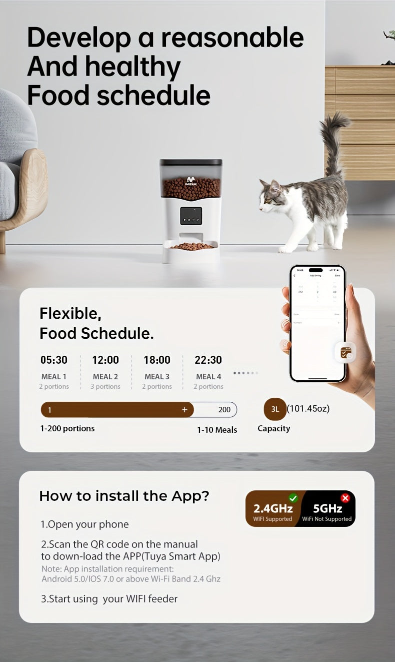 Automatic Cat Feeder with WiFi App Control, 3L Smart Dry Food Dispenser with Scheduled Meals, USB Power and Optional Camera for Cats and Dogs