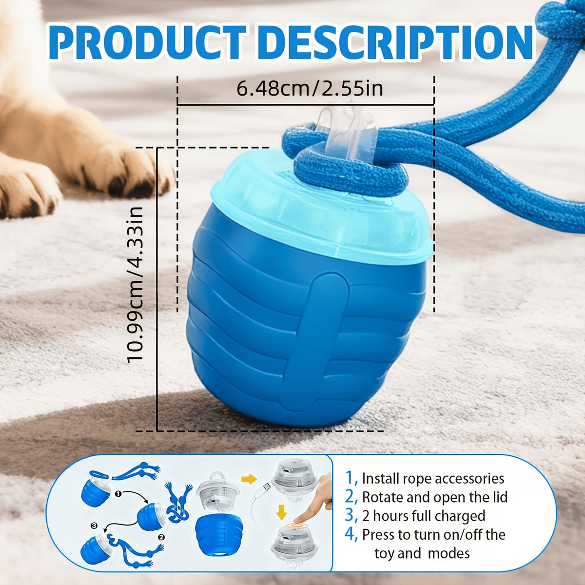 Smart Dog Toy Ball JY661 for Medium and Large Dogs, Interactive Ball and Rope Play Toy for Supervised Indoor Hardwood Floor and Outdoor Carpet Activities