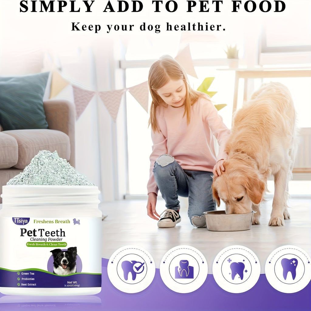 Dog Teeth Cleaning Powder 100g, Sprinkle-on-Food Pet Dental Care Powder for At-Home Canine Oral Hygiene and Everyday Meal-Time Care Routines