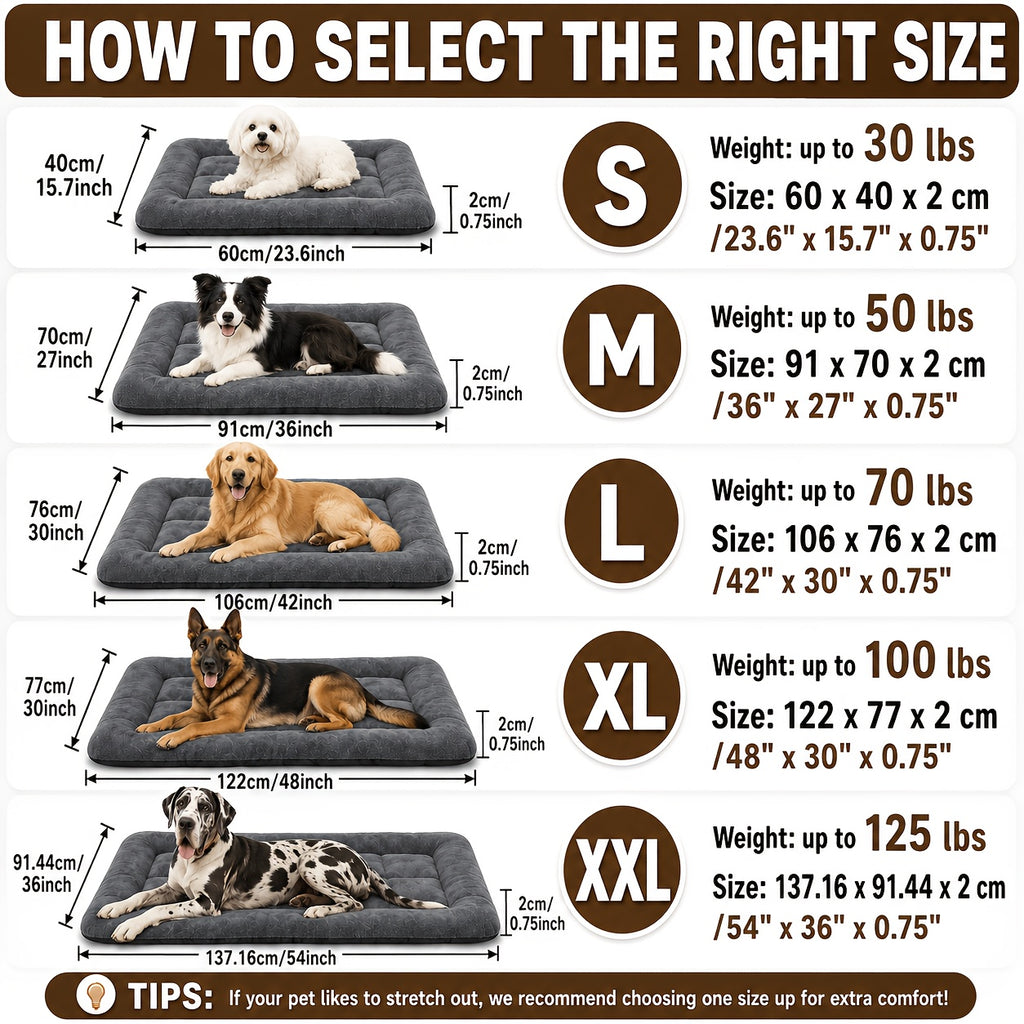 Fleece Dog Crate Pad with PP Cotton Filling, Gray Washable Flat Kennel Mat with Non-Slip Bottom, Cozy Pet Bedding in Five Sizes up to 54 x 36 Inches