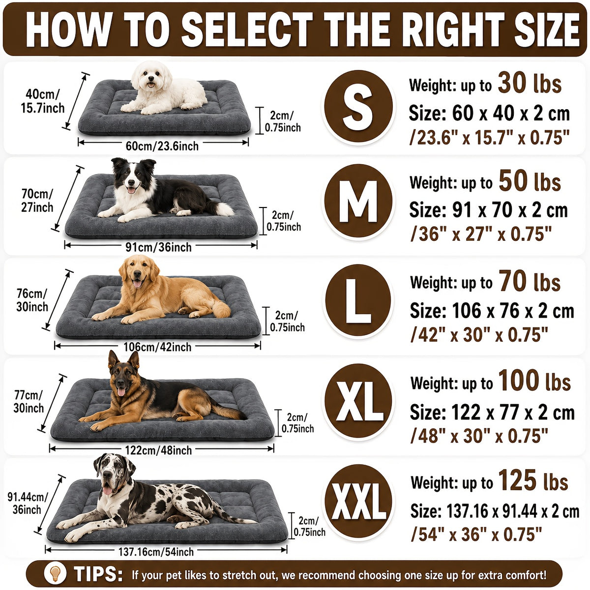 Fleece Dog Crate Pad with PP Cotton Filling, Gray Washable Flat Kennel Mat with Non-Slip Bottom, Cozy Pet Bedding in Five Sizes up to 54 x 36 Inches