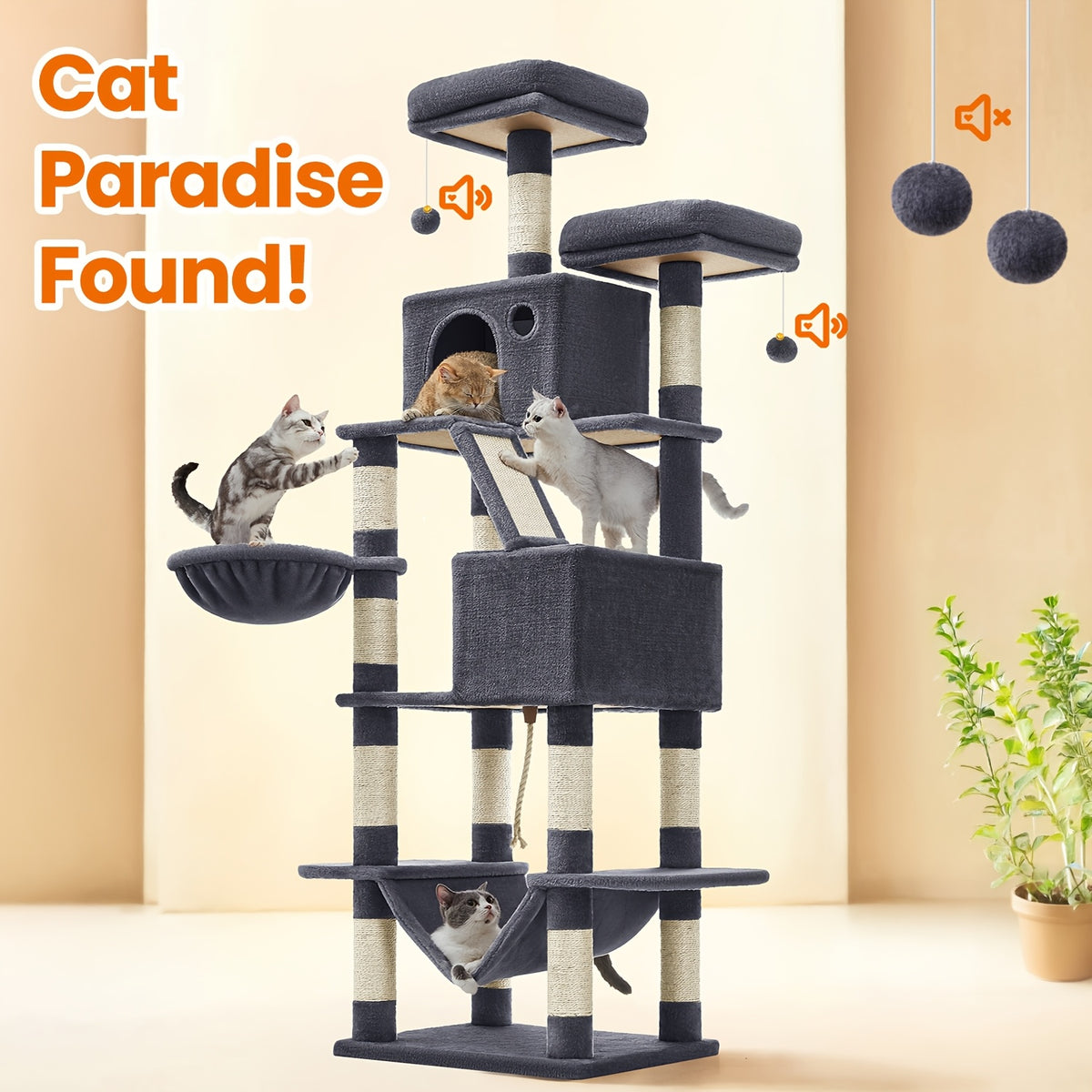 Cat Tree 66.1 Inch with 13 Scratching Posts, Five-Level Indoor Tower with Two Caves, Padded Perches, Basket, Hammock and Scratching Ramp