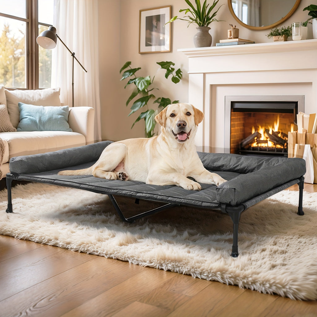 Elevated Dog Bed with Removable Pillow-Top Mat, Three-Sided Bolster Pet Cot with Breathable Teslin Mesh, Steel Frame and Non-Slip Feet in Four Sizes