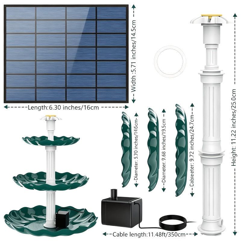 Solar Bird Bath Fountain 3.5W in Dark Green, Three-Layer Flowing Water Feature with Detachable Design for Outdoor Garden, Patio and Backyard Decoration
