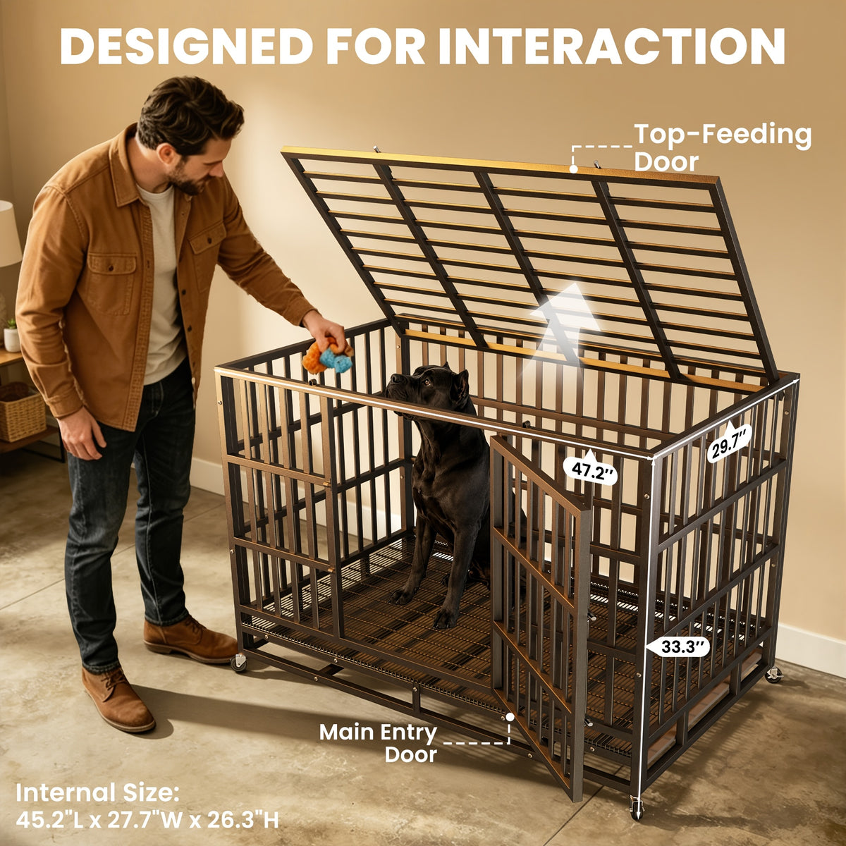 Heavy Duty Dog Crate with Top Opening, Black Steel Kennel in 42 or 48 Inch Models with Front Door, Lockable Wheels and Removable Cleaning Tray