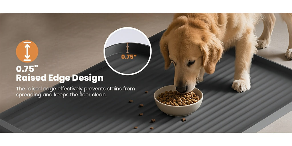 Large Dog Feeding Mat 36 x 24 Inches, Grey Waterproof Pet Bowl Placemat with Raised Edges, Grooved Surface and Roll-Up Design for Food and Water