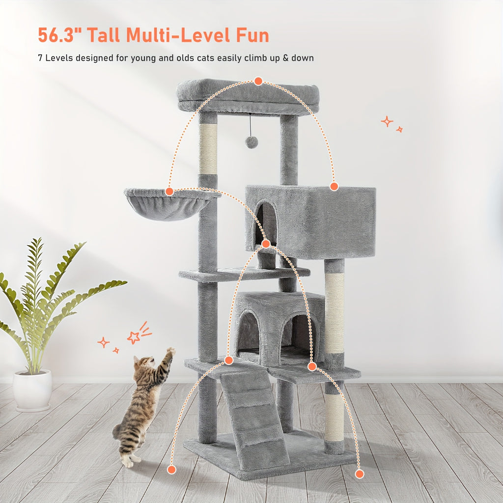 Cat Tree with Oversized Top Perch, 56.3 Inch Multi-Level Indoor Cat Tower with Hammock, Two Condo Hideaways and Scratching Posts, Five Colors