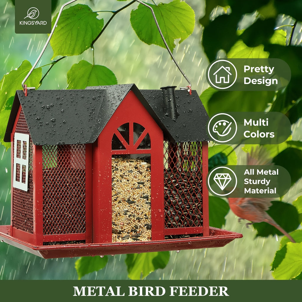 Outdoor Bird Feeder House with Triple Feeding Areas, Metal Mesh Wild Bird Seed Feeder for Finches, Cardinals and Chickadees, Five Color Options
