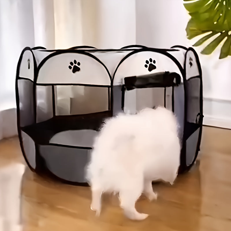 Pet Travel Playpen with Mesh Windows and Zipper Door, Foldable Octagonal Oxford Cloth Tent for Dogs and Cats, Beige Gray or Blue Size Options