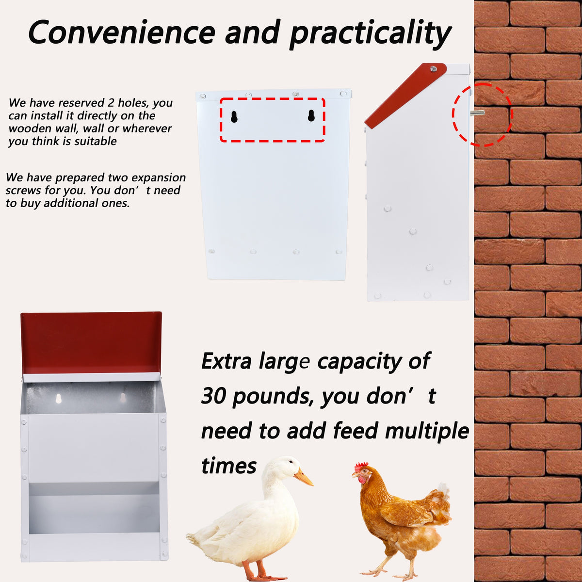 Wall Mounted Chicken Feeder with Cover, Galvanized Metal Gravity Poultry Food Dispenser for Backyard Coops, Chicken, Duck and Quail Feeding