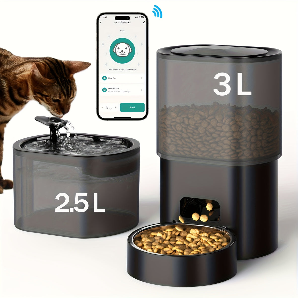 WiFi Cat Feeder and Water Fountain Set, 3L Automatic Food Dispenser with 2.5L Filtered Pet Drinker for Everyday Cat and Dog Feeding Routines