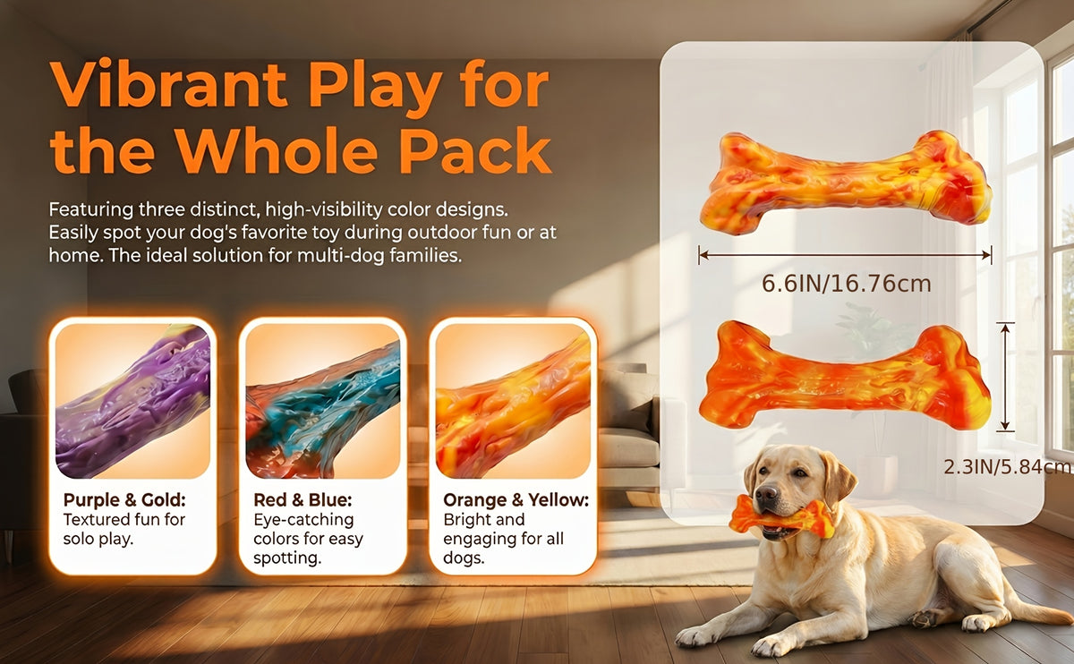 Beef-Scented Dog Chew Toys 3-Pack, Textured Bone-Shaped Chewing Toys for Medium and Large Dogs, Purple Red Orange Supervised Play Set