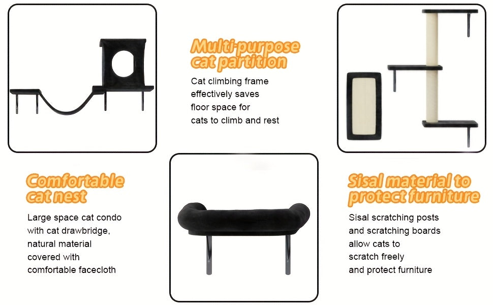 Cat Wall Climbing Shelves with Condo, 6-Piece Wall-Mounted Furniture Set with Scratching Post, Bridge Ladder and Board for Small and Medium Indoor Cats