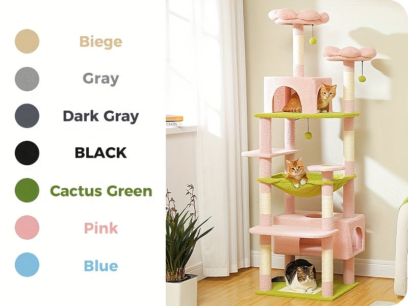 Cat Tree with Eight Levels, 72 Inch Indoor Cat Tower with Spacious Condo, Sisal Scratching Posts, Padded Perches and Basket for Rest and Play
