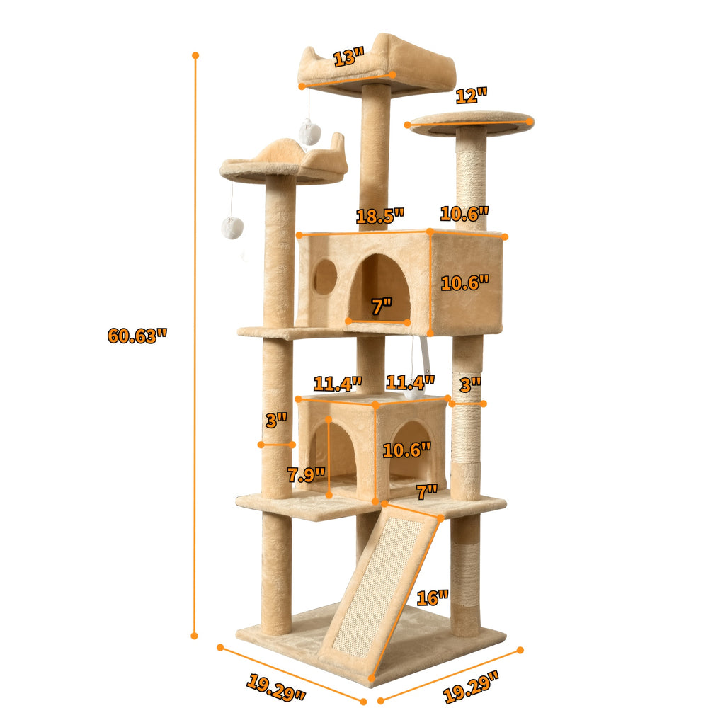 Cat Tree with Climbing Ramp for Indoor Cats, Multi-Level Plush Tower with Sisal Scratching Posts, Cozy Beds, Hanging Toys and Anti-Tip Design