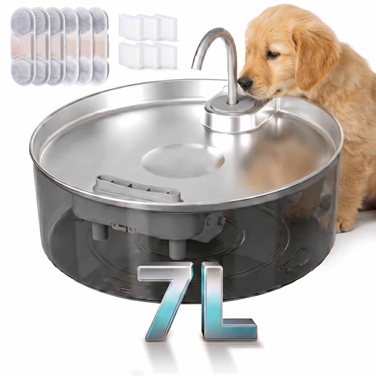 Dog Water Fountain 7L with Flower Head, 304 Stainless Steel Pet Drinking Dispenser with Water Level Window and Filter Bundle Options for Multi-Pet Homes