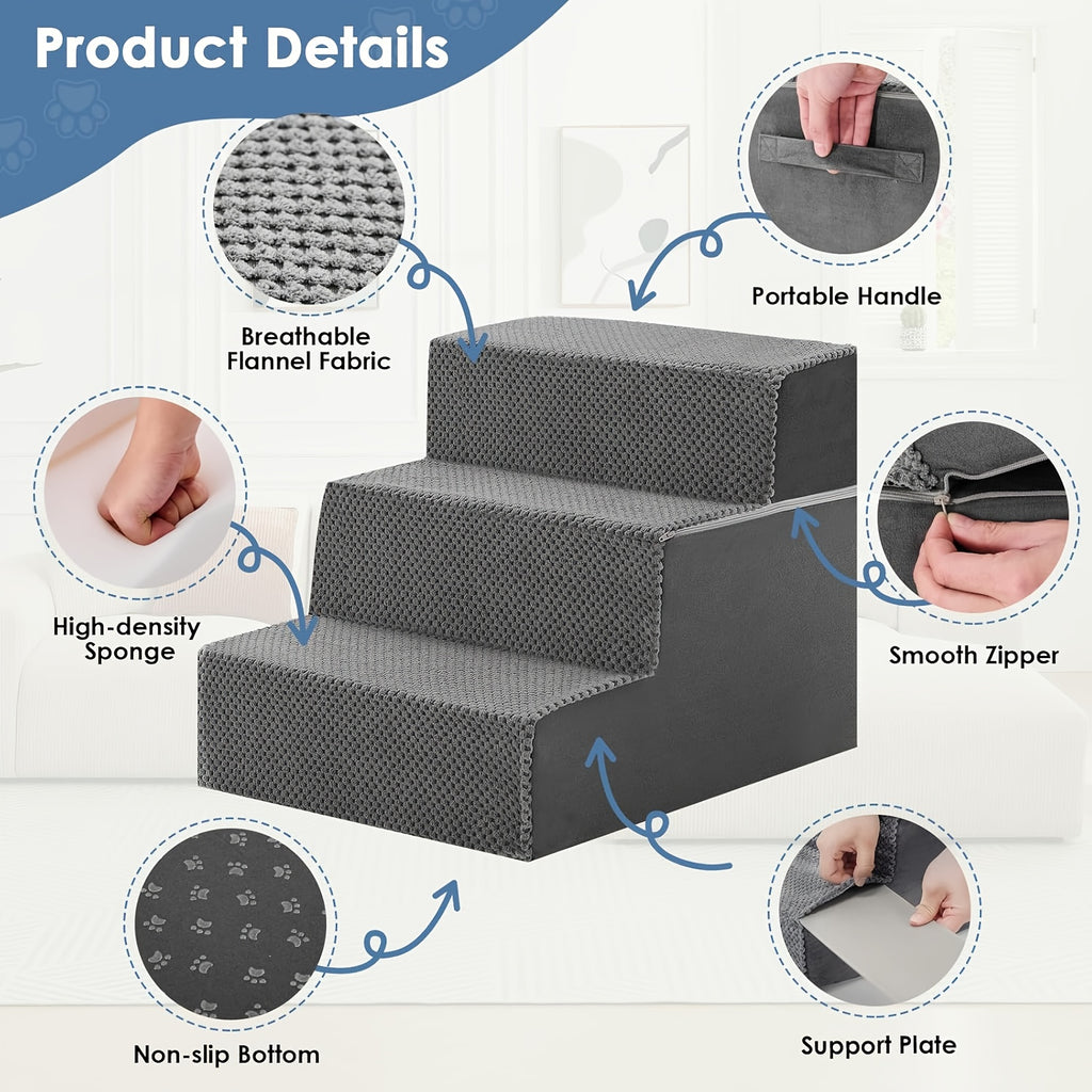 Right Angle Dog Stairs for Bed and Couch, Gray High-Density Foam Pet Steps with Non-Slip Design in 3, 4 or 5-Step Options for Dogs and Cats