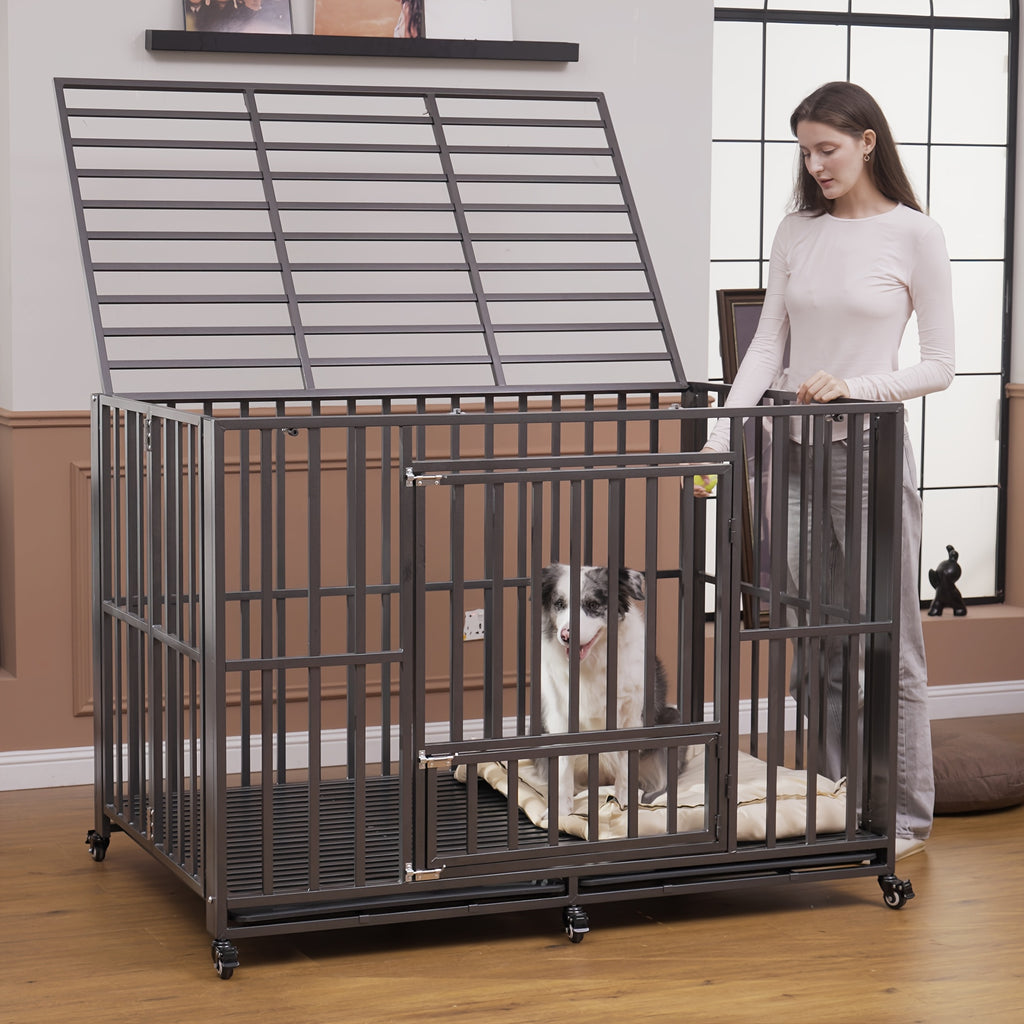 Folding Heavy Duty Dog Crate with Lockable Wheels, Double Door Pet Kennel in 38 or 43 Inch Models for Home Containment and Supervised Use