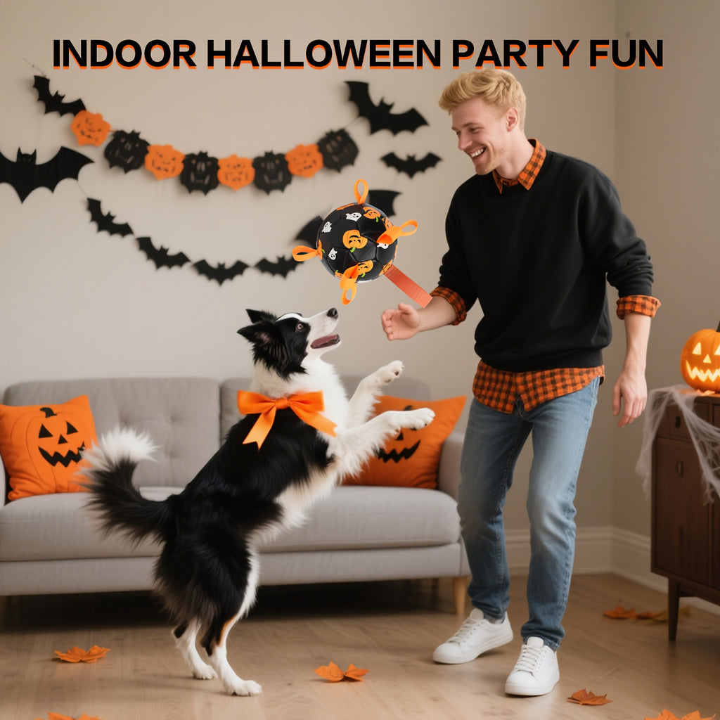 Halloween Dog Ball with Pumpkin and Ghost Print, Black Soccer-Style Fetch Toy with Orange Grab Straps, Pump and Needle for Supervised Outdoor Play